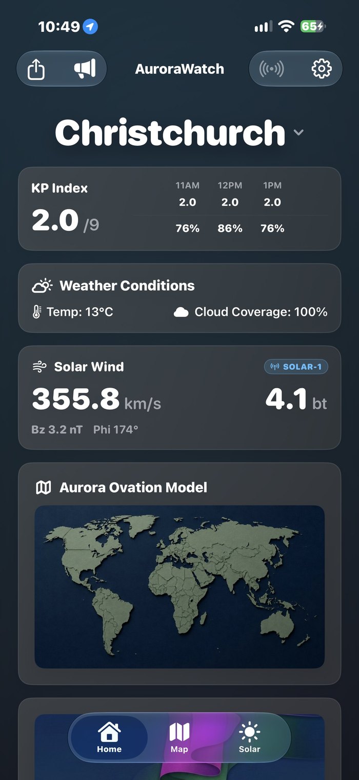 AuroraWatch home screen with Kp index, weather and solar wind for Christchurch