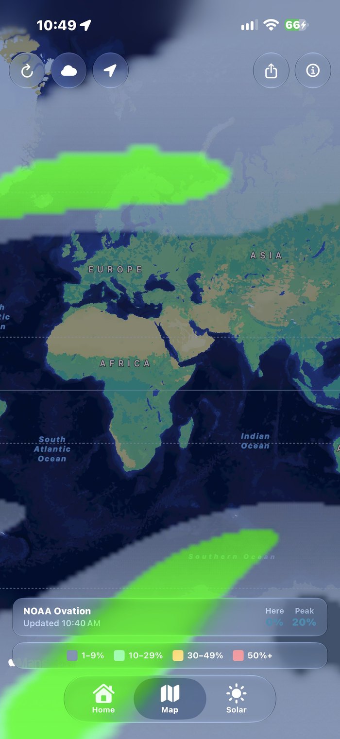 NOAA OVATION aurora map showing both auroral ovals and cloud cover