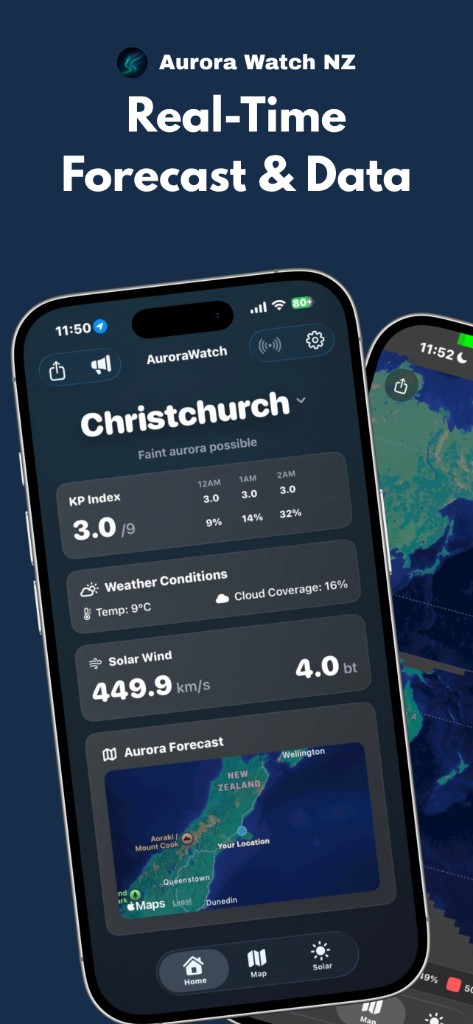 AuroraWatch home dashboard with real-time forecast and data