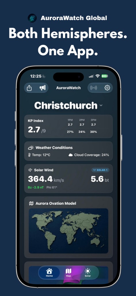 Aurora Watch Global home dashboard — both hemispheres in one app