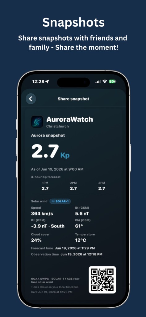 Aurora Watch Global shareable aurora snapshot with QR code